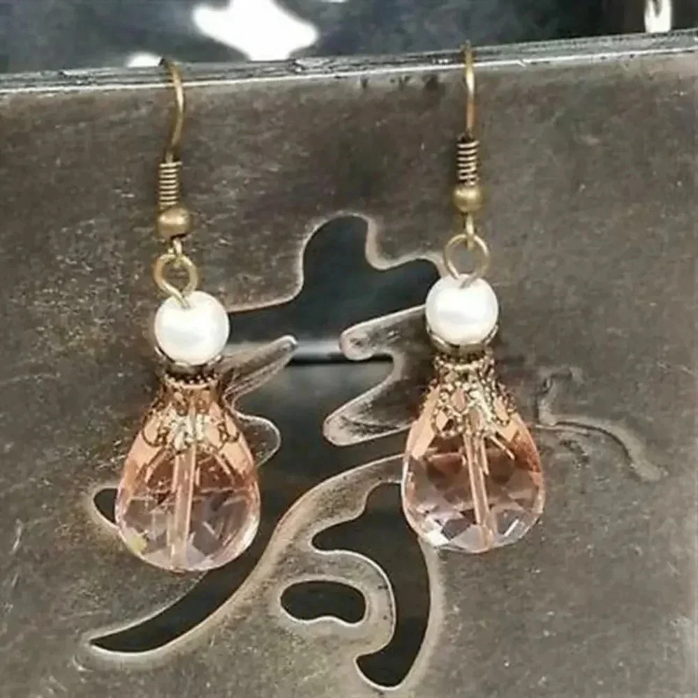 Steampunk Pink Faceted Glass Teardrop Antiqued Brass Dangle Earrings